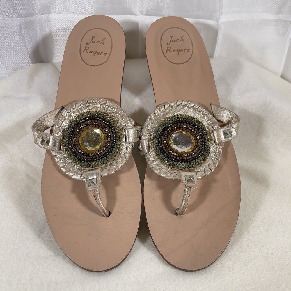 Jack Rogers Gisele Platinum Leather Beaded Medallion Sandal Flip Flop Sz 10 Flat